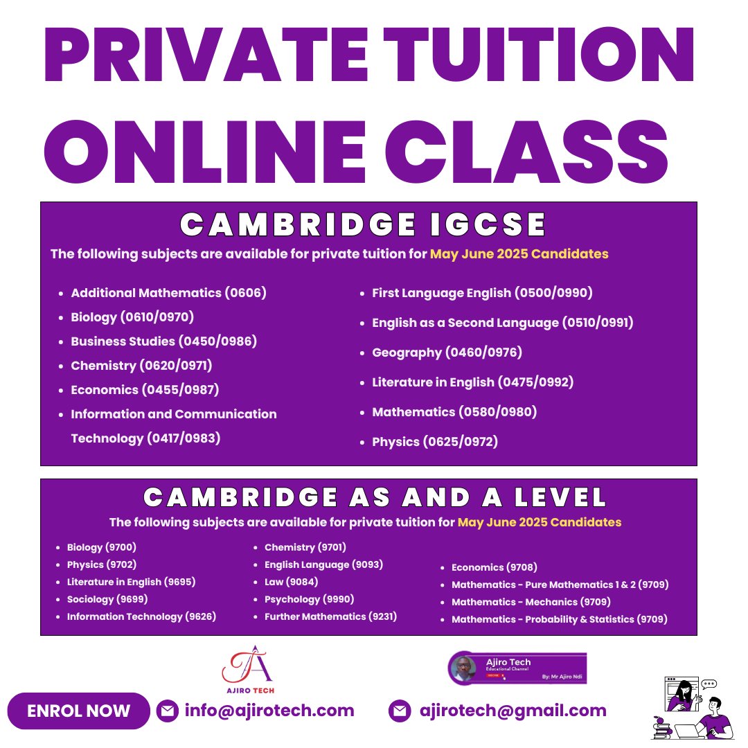 ajirotech's tweet image. PRIVATE TUITION – ONLINE CLASSES

📩 Enrol now! Send a DM or email info@ajirotech.com, ajirotech@gmail.com for inquiries.
#IGCSEPrep #OnlineTuition #AjiroTech #IGCSE #igcseict #Alevel #Chemistry #Mathematics #English #physics
