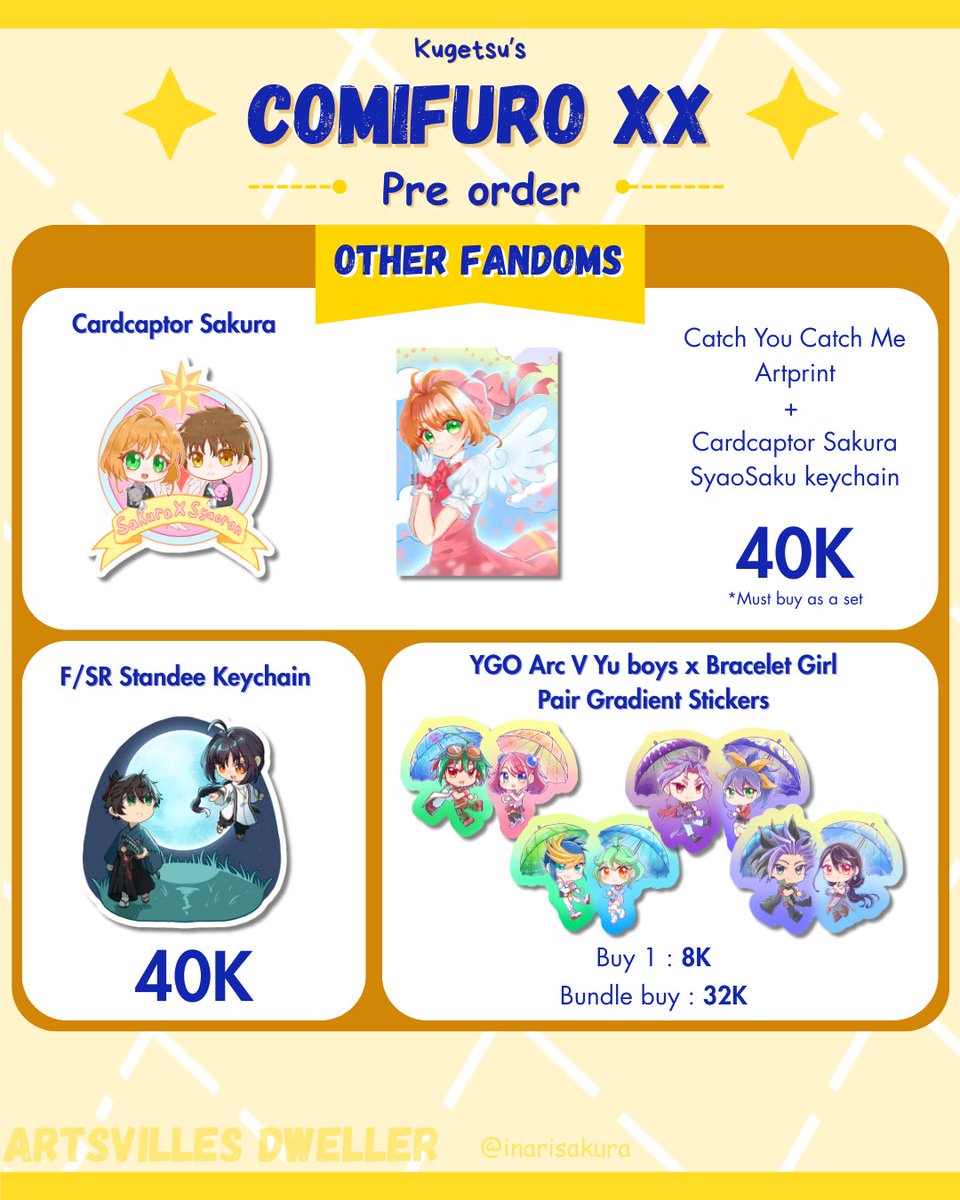 InariSakura's tweet photo. [❤️and 🔁 appreciated]

✨CF Pre order’s opened✨

📆 20-27 April
📦 OTS pick up only (day 1 &amp; 2) 
📍TBA
🧷 https://t.co/TAGh0Yfxju
🎀Vocaloid, 18 Trip, Genshin, Cardcaptor Sakura, Fate / Samurai Remnant, YGO Arc V
#CFXX #POCF https://t.co/xRn9E78huF