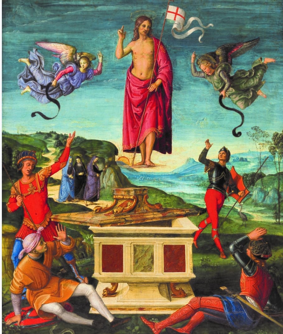 The Resurrection of Christ – Raphael
The High Renaissance Painting uses vibrant reds, greens, and blues to reflect renewal and hope. Its message still uplifts, offering light in today’s uncertain times. Happy Easter. 
Navina
