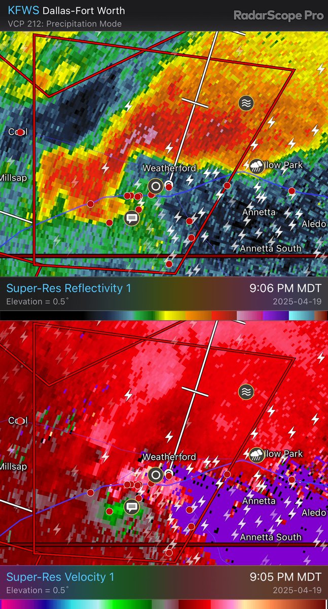 HouckisPokisewx's tweet photo. Observed tornado near Weatherford Texas KFWS - Super-Res Reflectivity 1 9:06 PM Super-Res Velocity 1 9:05 PM #txwx https://t.co/3zySzmQJKV
