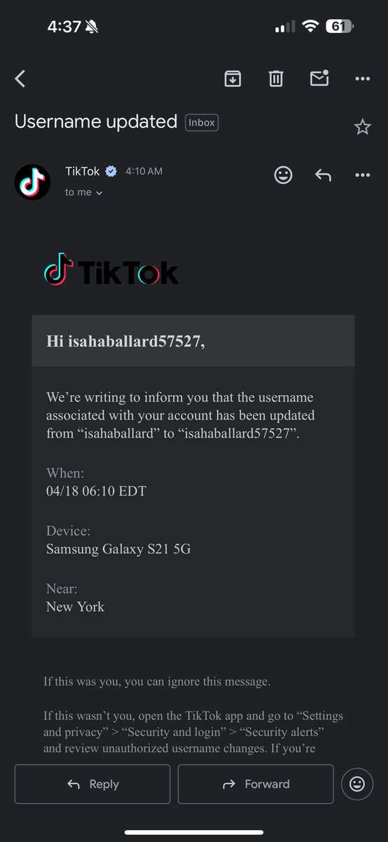 IsahaBallard3's tweet photo. @TikTokSupport 
Hello! I believe my tik tok account with 6,000 followers was hacked. The username changed yesterday without my knowledge and my email and phone number aren’t working. (it’s making me create a new account using those credentials). Could you help me get it back? https://t.co/qTzK2wM8cH