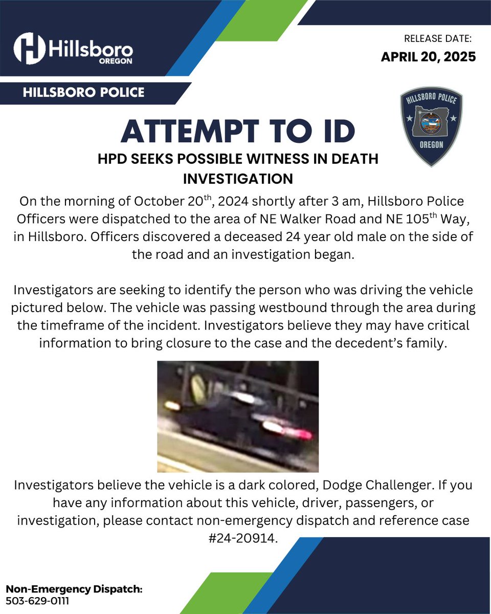 HillsboroPolice's tweet photo. HPD SEEKS POSSIBLE WITNESS IN DEATH INVESTIGATION https://t.co/OKpGgjnIOf