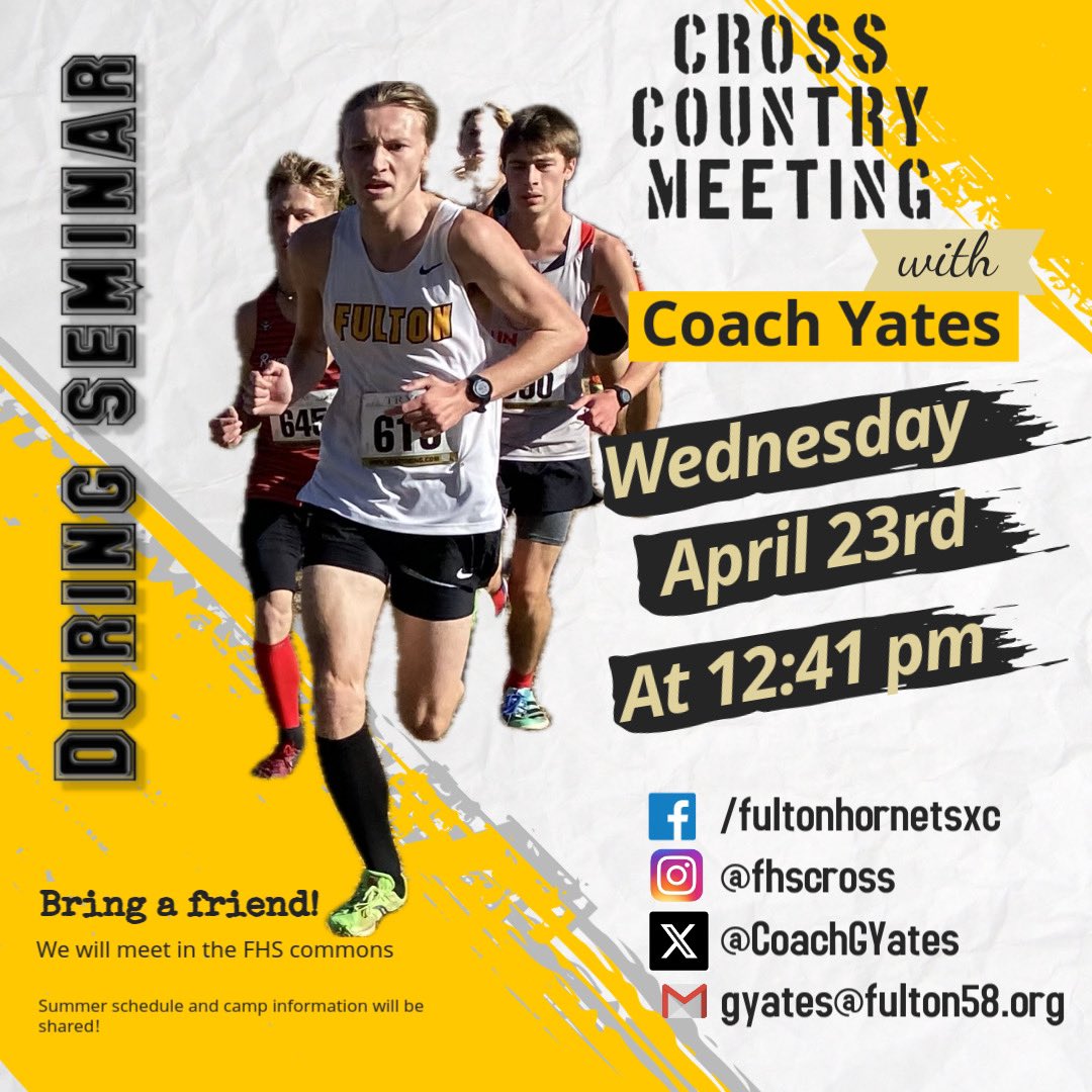 #fultonhornetsxc summer meeting happening this Wednesday, April 23rd, in the FHS commons.  Summer schedules and camp info will be shared.  Don’t miss it! <a href="/FPSActivities/">Fulton Activities</a> <a href="/FultonTrack/">Fulton Track & Field</a> <a href="/emily_knipe/">Emily Knipe</a>