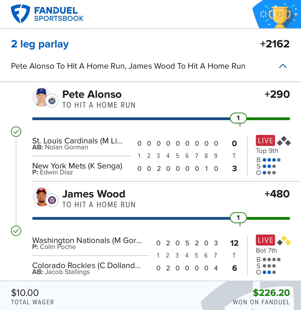NinjaBetz's tweet photo. What a night….

$1383 made today

4 NRFI plays
F5 parlay
2 HR parlays
💰💰💰💰💰💰💰💰💰 https://t.co/6GHVJvd1uX