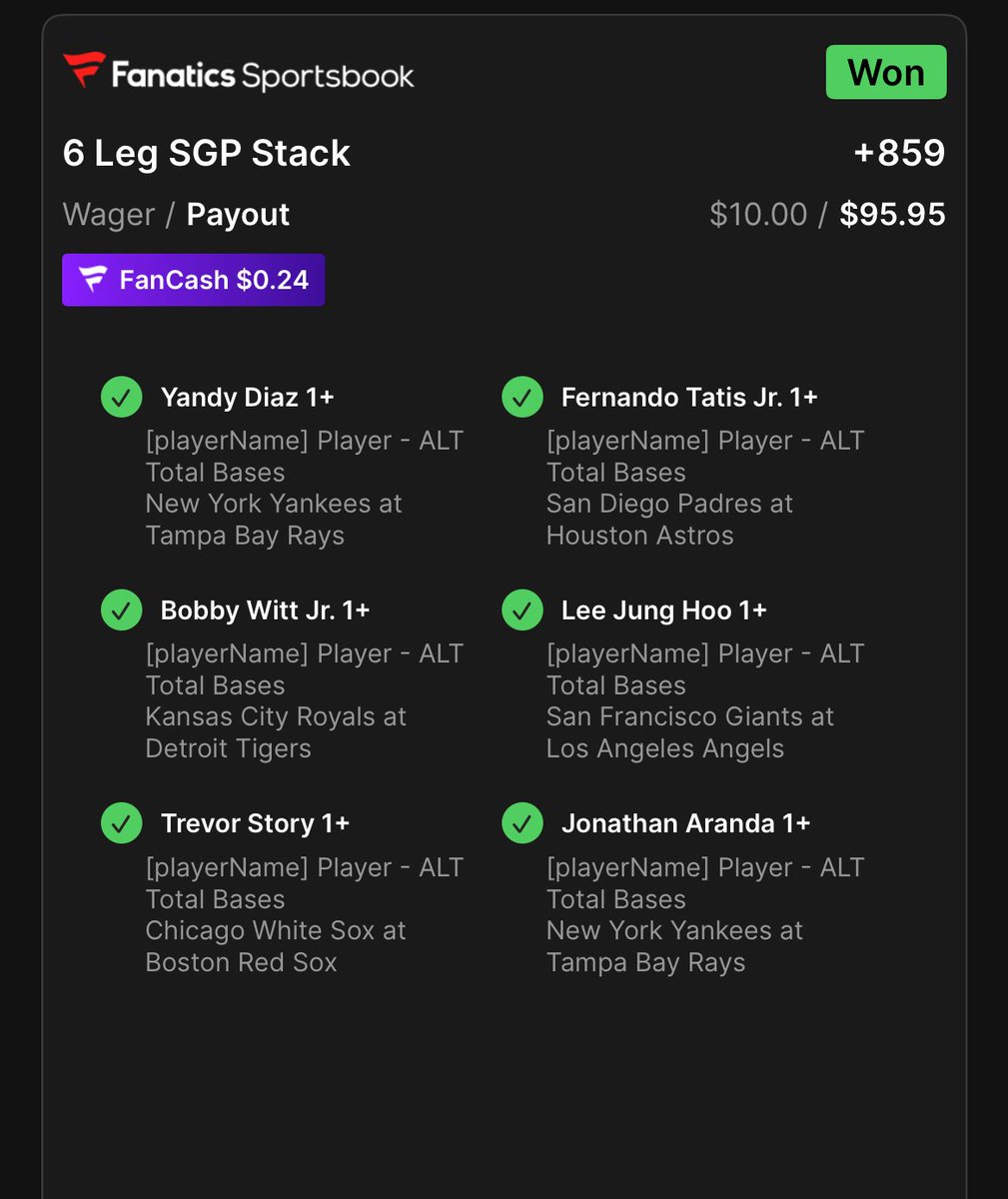 HITS PARLAY SMACKS 3 DAYS STRAIGHT🏏🔥🔥🔥

Jung Hoo Lee 1+ Hit✅
Trevor Story 1+ Hit✅
Bobby Witt Jr 1+ Hit✅
Yandy Diaz 1+ Hit✅
Fernando Tatis Jr 1+ Hit✅
Jonathan Aranda 1+ Hit✅

LINK IN BIO🔐

#GamblingX #Parlay #MLB #Fanatics