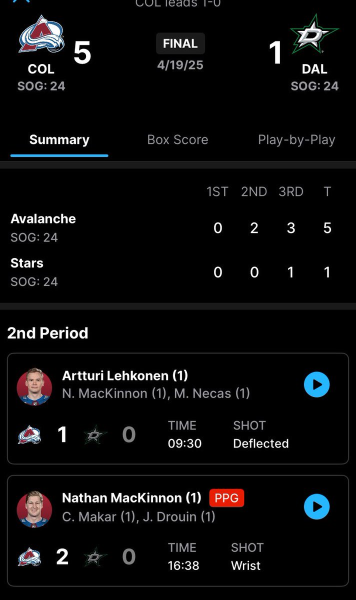 Colorado Avalanche defeat the Dallas Stars 5-1 with a big win in Dallas on the road. #NHLPlayoffs