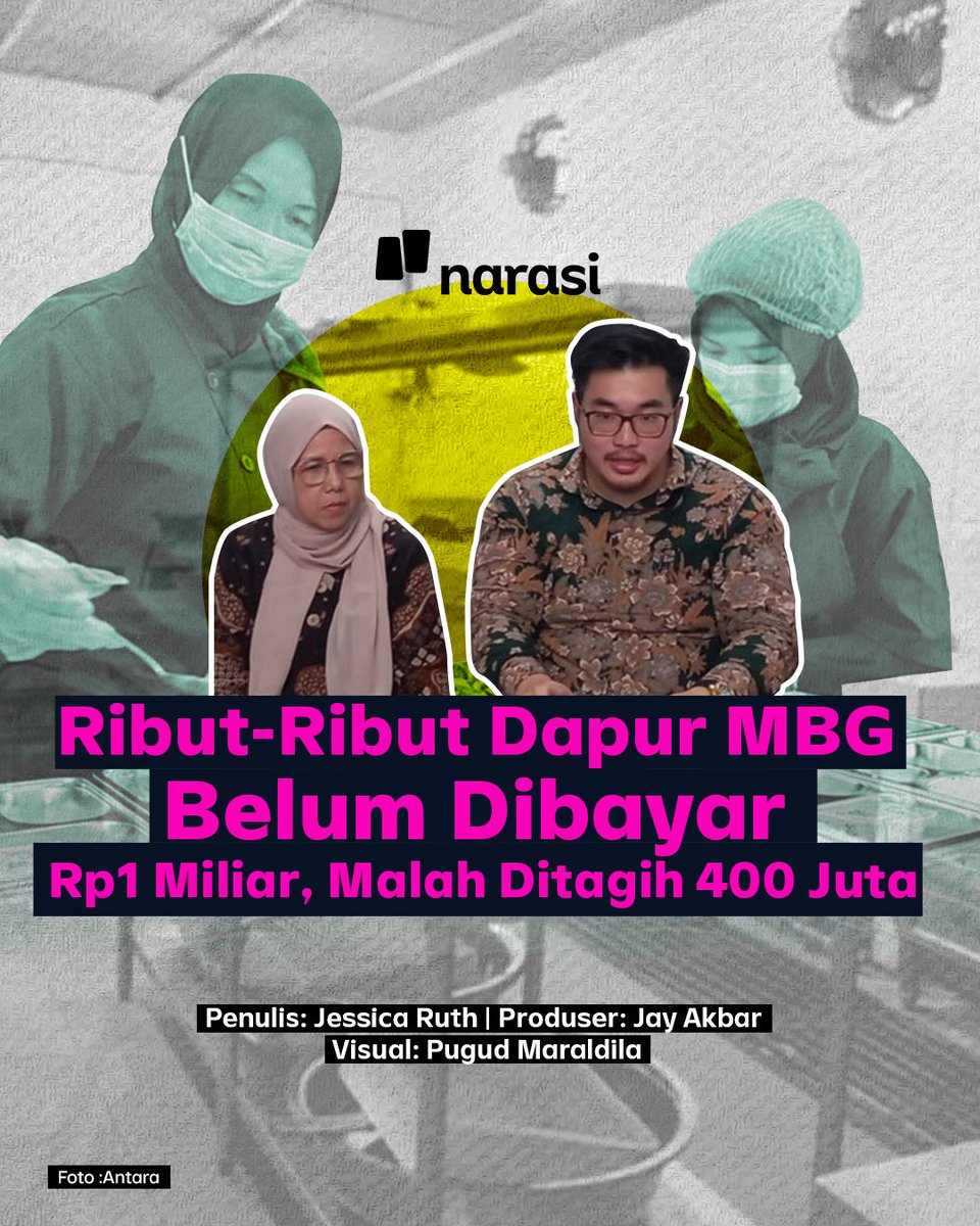 NarasiNewsroom's tweet photo. Apa kabar program Makan Bergizi Gratis? Ini salah satu kabarnya, sebuah dapur MBG di Kalibata terpaksa berhenti beroperasi karena diduga belum dibayar hampir Rp1 miliar.

Bagaimana duduk perkaranya? 👇

| Narasi Daily https://t.co/IskD06mgjy