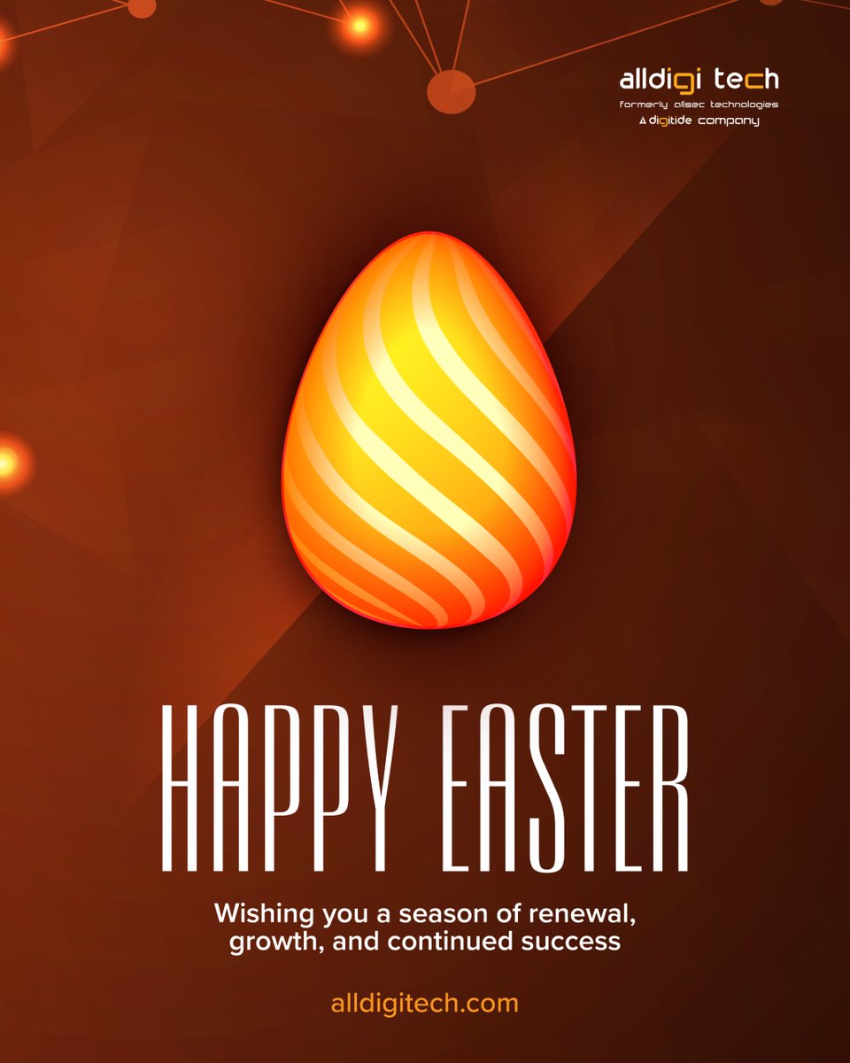 Wishing you a tech-charged season of renewal, growth, and new beginnings.

Happy Easter from all of us at Alldigi Tech!
.
.
#AlldigiTech #HappyEaster #Easter2025 #DigitalInnovation #NewBeginnings #SpringRenewal