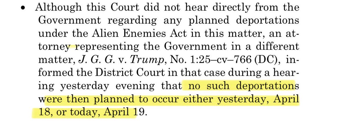 Justice Alito says, citing the emergency hearing before Boasberg Friday night, that the gov’t informed the court that no deportations were planned to occur either yesterday or today.

I listened to that hearing, and Justice Alitos characterization is inaccurate …
