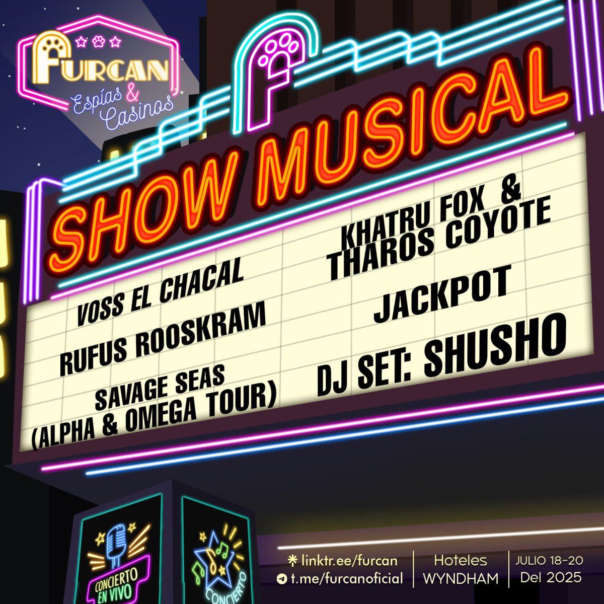 🎵 EL GRAN SHOW MUSICAL ESTÁ LISTO🎵 
Este es el line-up oficial para las presentaciones musicales que se harán durante todo Furcan. Tenemos grandes talentos que esperan dar el mejor show para ustedes 🎶
Esta es tu oportunidad de comprar un PAQUETE FURCAN