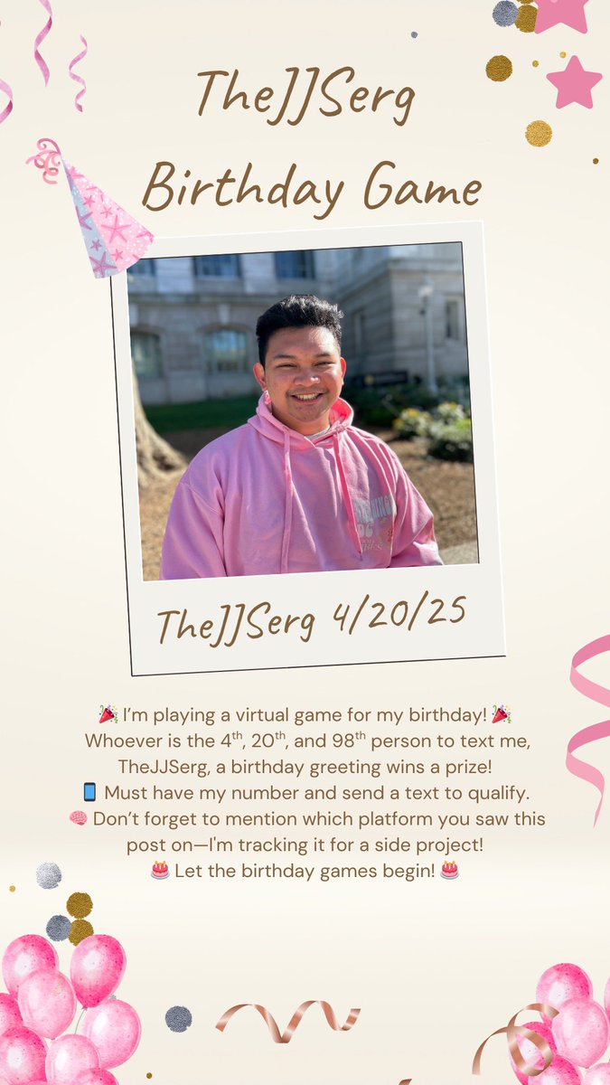 thejjserg's tweet photo. 🎉 Whoever is the 4th, 20th, and 98th person to text me, TheJJSerg, a birthday greeting wins a prize! Must have my number and send a text to qualify.
Don’t forget to mention which platform you saw this post on—I'm tracking it for a side project! Let the birthday games begin! 🎉 https://t.co/sRN8WzmRXp