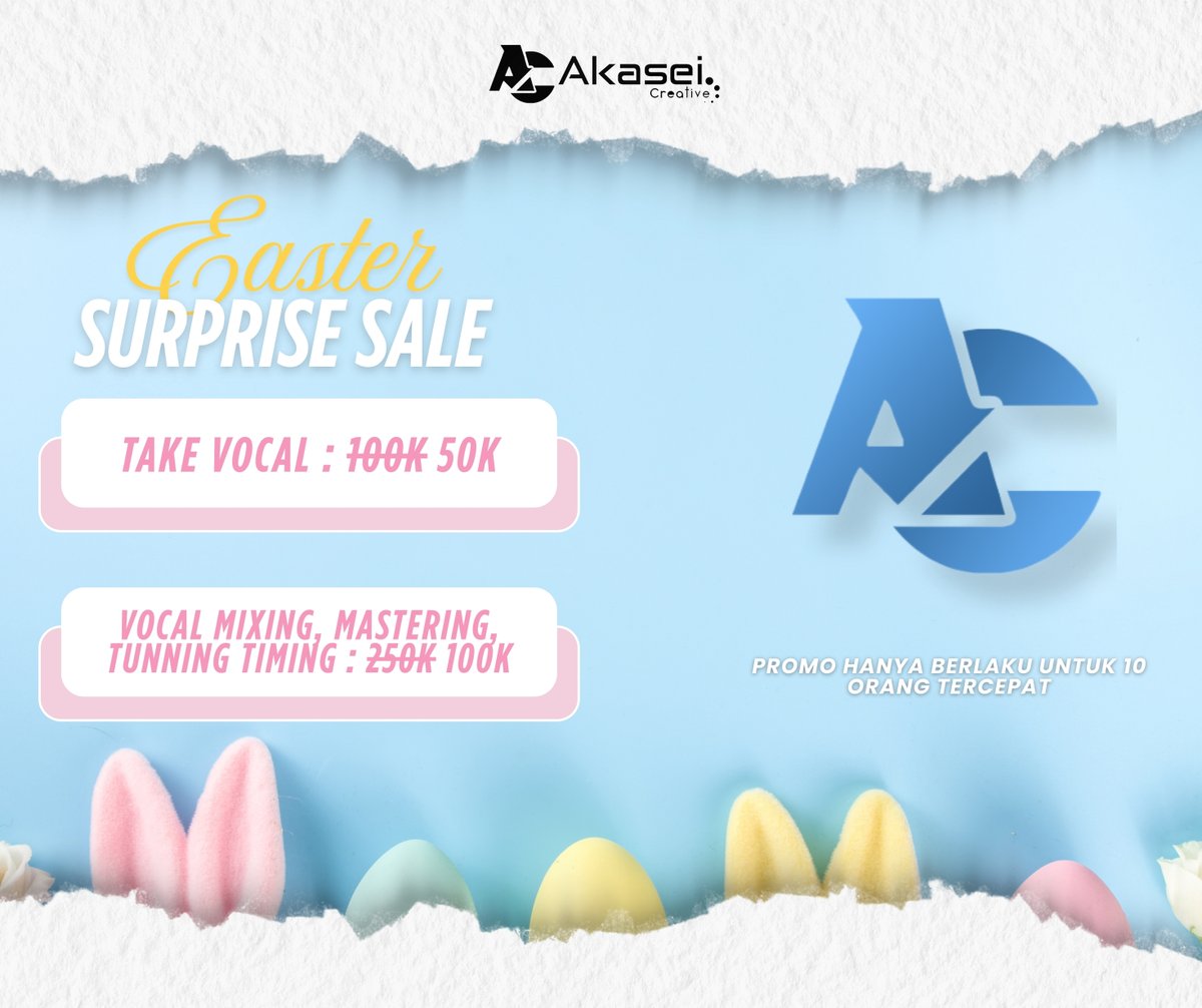 Promo Spesial Paskah dari Akasei Creative!

Dalam semangat kebangkitan dan karya yang baru, kami hadirkan Paskah Deal buat kamu yang ingin hasil audio makin maksimal:

🎙️ Take Vocal
🎛️ Mixing Mastering Tuning &amp; Timing

#AkaseiCreative #PromoPaskah #MixingMastering #TakeVocal