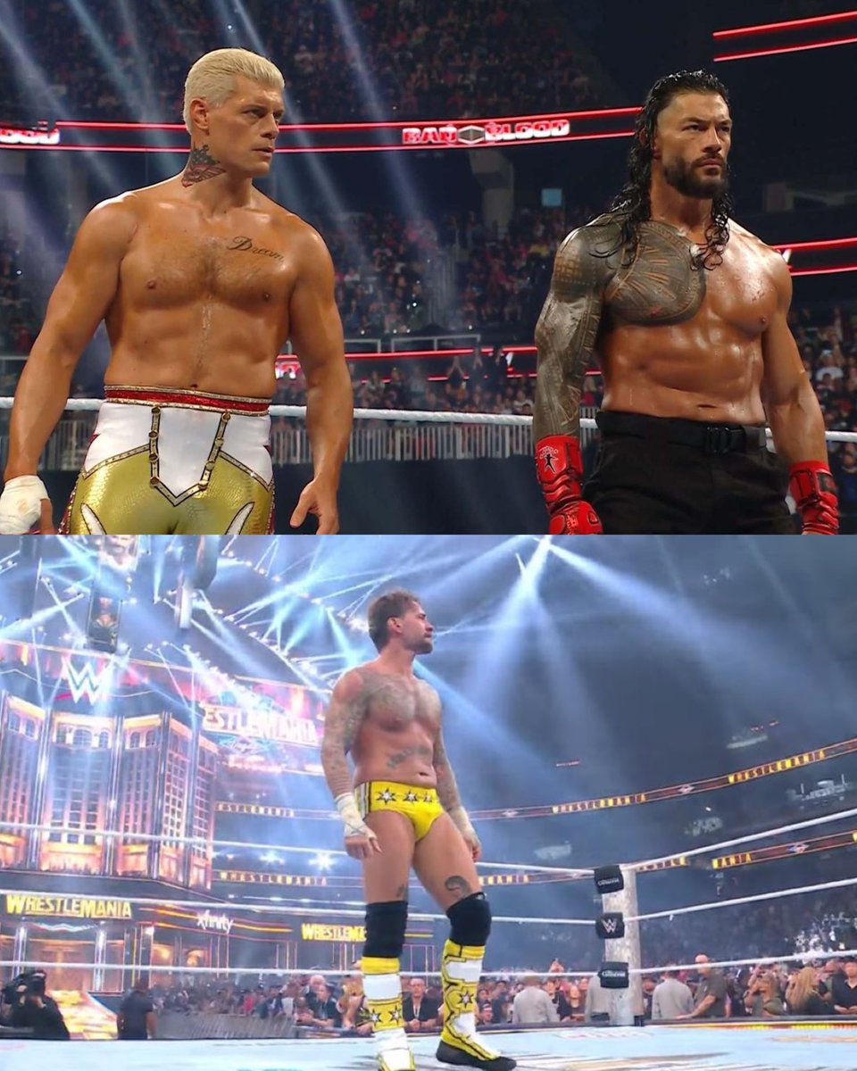 AllDAYZ77's tweet photo. These three now have to work together to take down The Rock, John Cena, Seth Rollins, and Paul Heyman. https://t.co/yrQ4A6Hngn