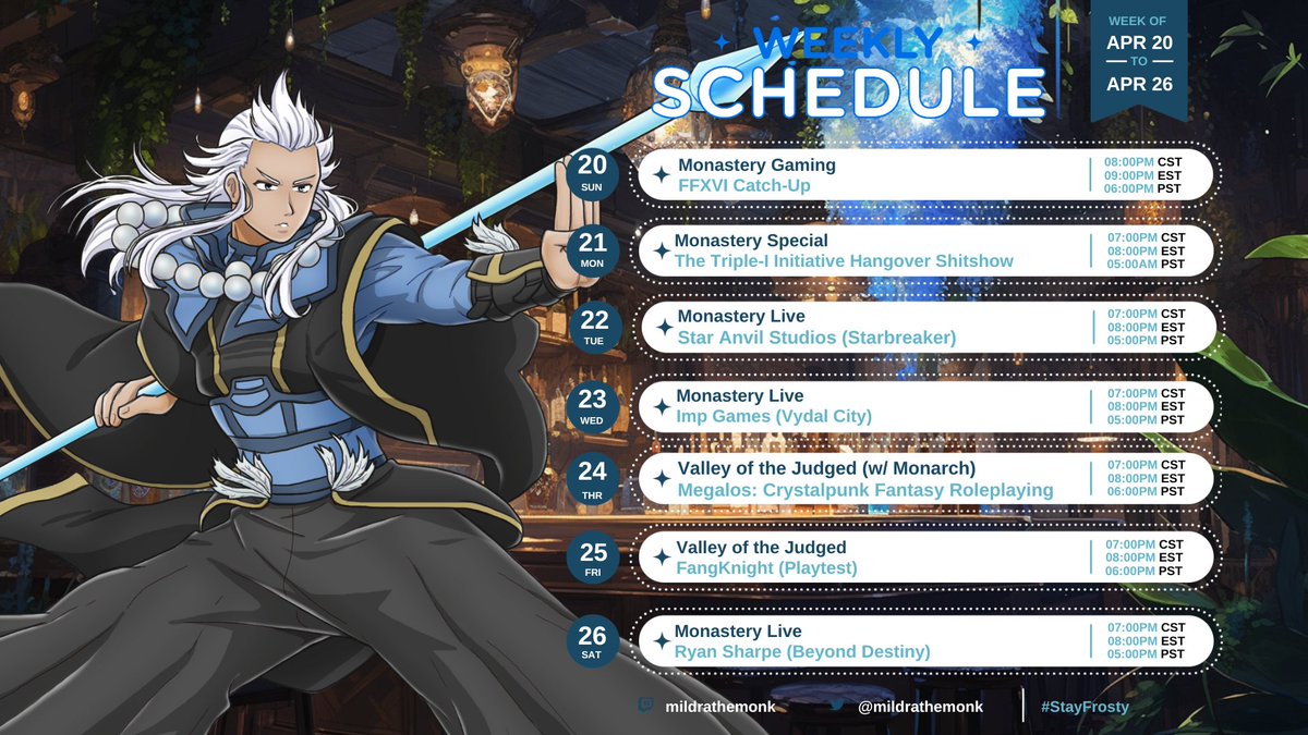 ❄️📿Schedule Time📿❄️ 
This week in The Monastery:
- Visiting <a href="/JOEYTAROOO/">⚙️⚡️JOEY⚡️⚙️ | The Lost Cyborg</a>'s realm
- Talking the Triple-I Initiative
- <a href="/impgames_/">Imp Games - @impgames.bsky.social</a>, Star Anvil Studios, and Ryan Sharpe visit The Monastery
- And two new seasons of The Valley!
#ENvtuber #vtuber #vtubersupportbeam