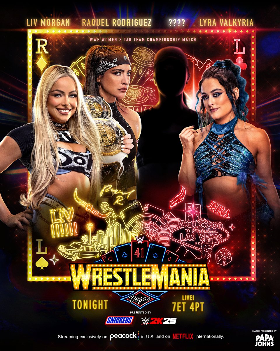 WWE's tweet photo. With @itsBayleyWWE injured, Women's Tag Champs @YaOnlyLivvOnce &amp; @RaquelWWE defend against @Real_Valkyria and a partner of her choosing! 👀

7ET/4PT
Streaming exclusively on @peacock in the U.S. and @netflix internationally.

🦚 https://t.co/xRBTNzr3RB
🌍 https://t.co/VplGyKlA3x https://t.co/wtSkgdExQX