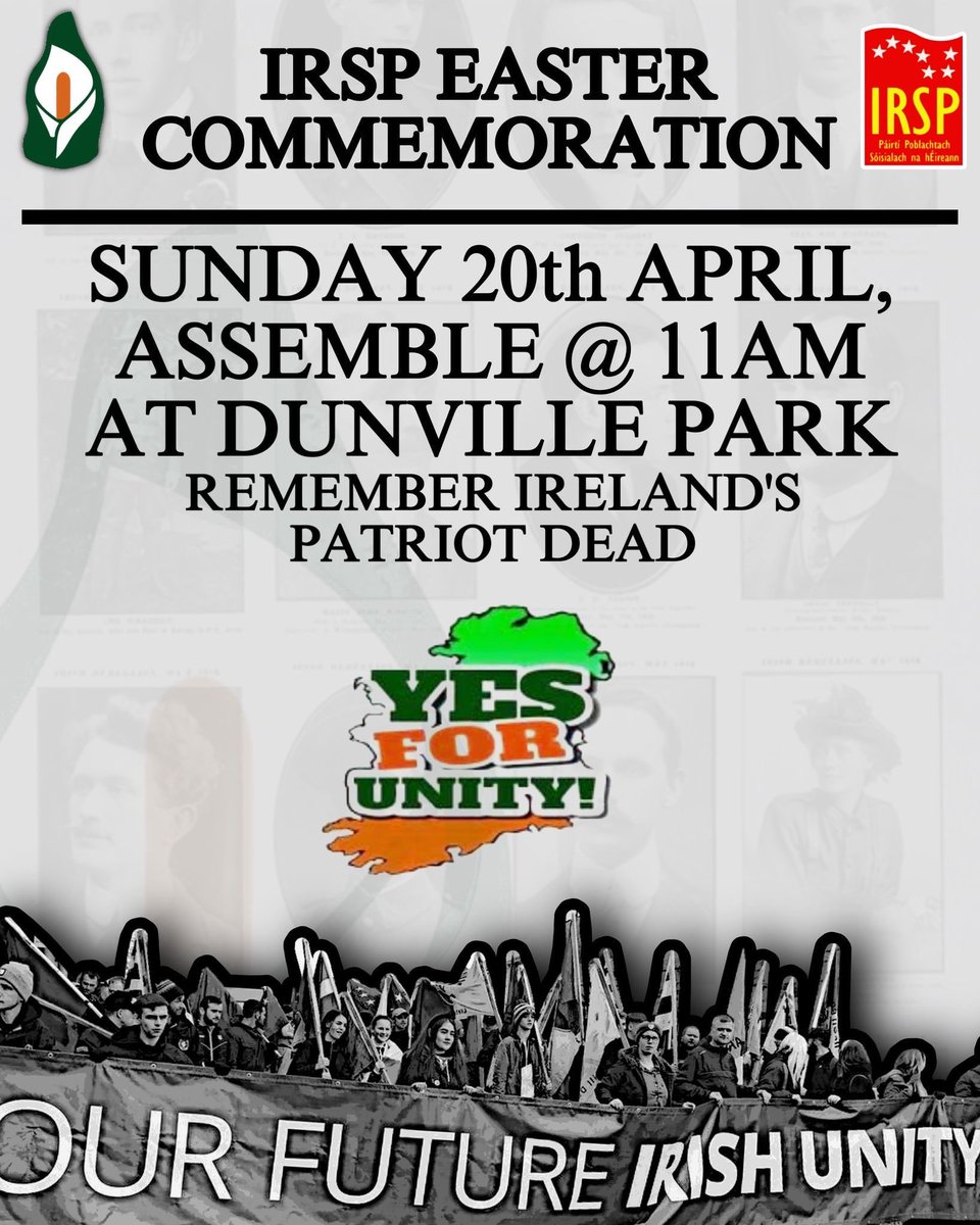 irspireland's tweet photo. Important - Easter Commemoration, Belfast.

We have been made aware that the PSNI may attempt to disrupt or prevent our annual Easter Rising Commemoration on the Falls Road.

This morning, a large-scale anti-Republican operation has been launched across the city. Parade organisers and participants have been subjected to stop and search tactics, while numerous PSNI TSG have been deployed along the parade route.

Let us be clear — Republicans will not be intimidated, harassed, or deterred from honouring our fallen comrades. We will remember with pride those who gave their lives for Irish freedom and in defence of our communities.

We ask all those attending to follow the guidance of parade stewards and organisers to ensure the event proceeds with dignity and purpose.

Assemble 11am - Dunville Park for March to Milltown.