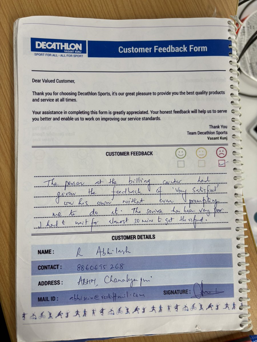 abhisain2801's tweet photo. @Decathlon_India 

Had a disappointing experience at @DecathlonIndia Ambience Mall, Vasant Kunj. Self-checkout billed one item twice. After refund, staff pressed “Very Satisfied” on the feedback screen without asking me. Only one cash counter was active.. https://t.co/AVAEgrK4HQ