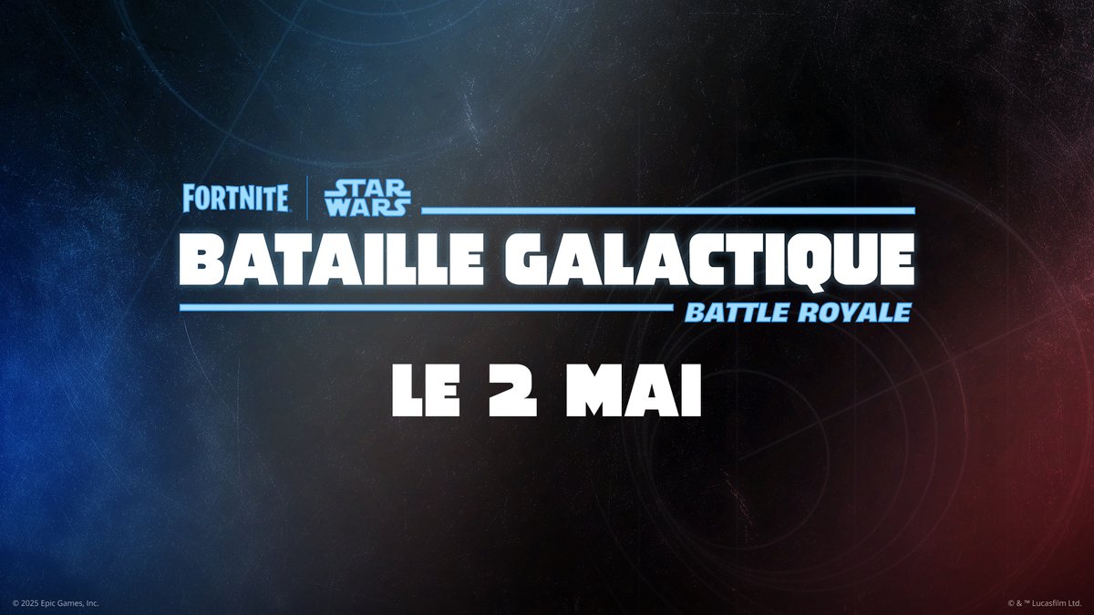 ✅ Passe de Combat sur le thème de Star Wars
✅ Contenu en jeu hebdomadaire
✅ Evénement narratif de fin de saison

➡️ Fortnite Bataille Galactique arrive le 2 mai 2025.