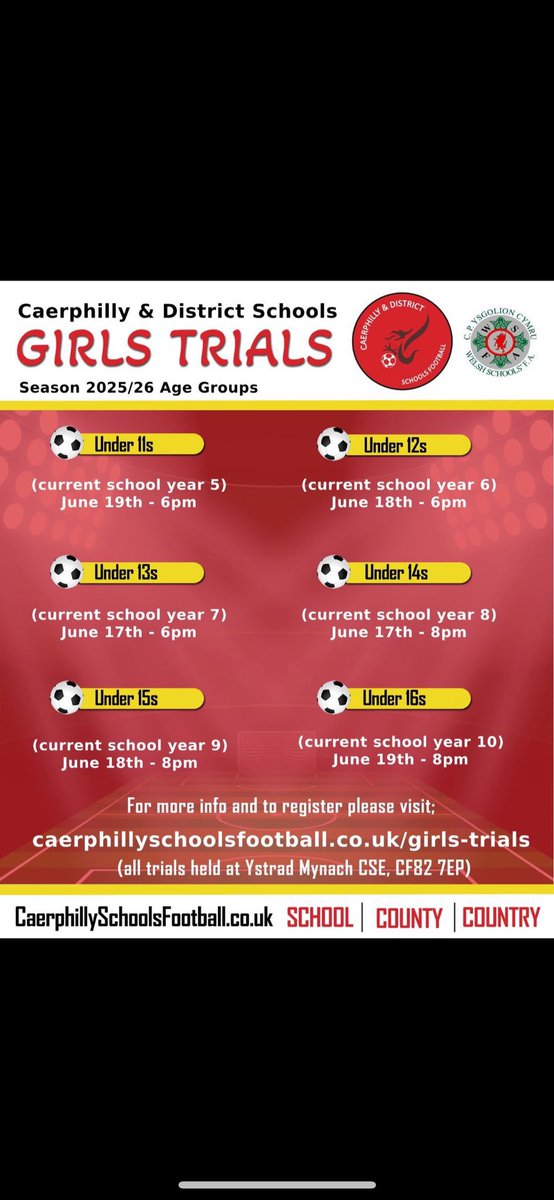Please see below the dates for boys and girls Caerphilly school district trials.
