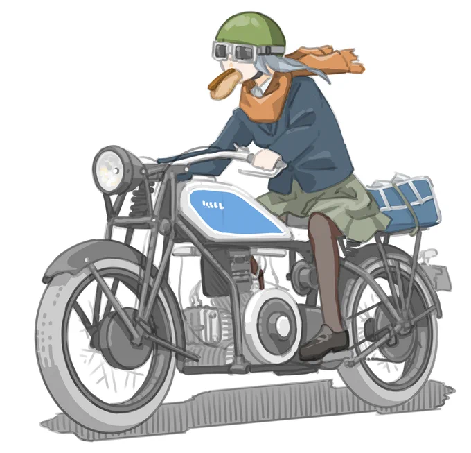 時間が無いので朝食を食べながら登校する女子です。(Douglas S6 (1933))【再掲】#バイクJK #イラスト 
