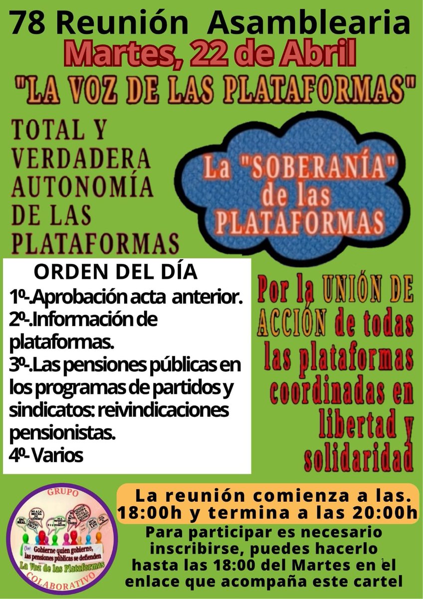Mov. Defensa Pensions Públicas e do publico Lugo (@modepenl) on Twitter photo #LaVozDeLasPlataformas
#UnionDeAccion
78 REUNIÓN ASAMBLEARIA G. C. La Voz de Las Plataformas
enlace de inscripción:
👇🏼👇🏼👇🏼👇🏼
*us02web.zoom.us/meeting/regist…*
Por la verdadera UNIÓN DE ACCIÓN de los MMSS por la lucha de nuestros derechos
<a href="/pensionazo_no/">G. C. LA VOZ de LAS PLATAFORMAS</a>
<a href="/PorLaUnidadPens/">@PorLaUnidadSocial</a>
<a href="/LaVozenIgualdad/">La Voz de las Plataformas por la igualdad.</a> #LaVozDeLasPlataformas
#UnionDeAccion
78 REUNIÓN ASAMBLEARIA G. C. La Voz de Las Plataformas
enlace de inscripción:
👇🏼👇🏼👇🏼👇🏼
*us02web.zoom.us/meeting/regist…*
Por la verdadera UNIÓN DE ACCIÓN de los MMSS por la lucha de nuestros derechos
<a href="/pensionazo_no/">G. C. LA VOZ de LAS PLATAFORMAS</a>
<a href="/PorLaUnidadPens/">@PorLaUnidadSocial</a>
<a href="/LaVozenIgualdad/">La Voz de las Plataformas por la igualdad.</a>