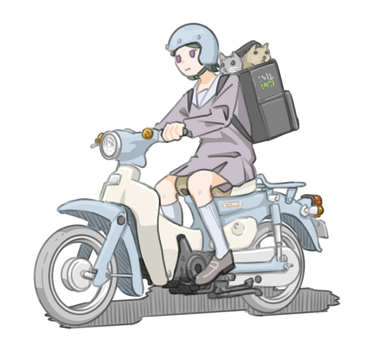 「ウー〇ーイーツのバッグで愛猫を運ぶ女子です。(ホンダ リトルカブ)【再掲】#バイ」|きわみらい@バイクJKのイラスト描きのイラスト