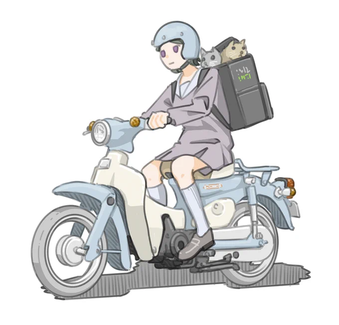 ウー〇ーイーツのバッグで愛猫を運ぶ女子です。(ホンダ リトルカブ)【再掲】#バイクJK #イラスト 
