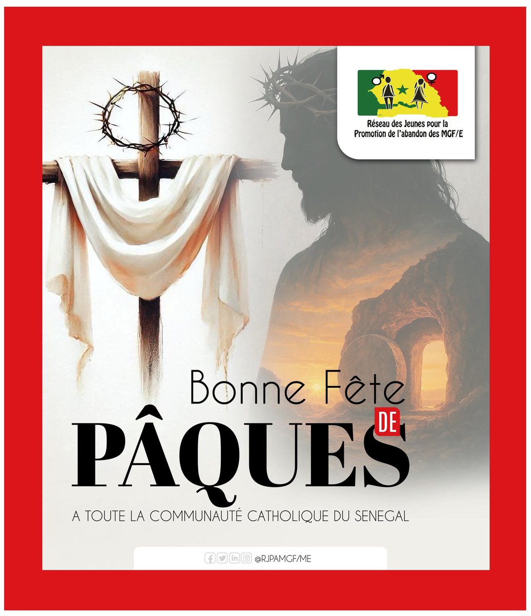 Le Réseau des Jeunes pour la Promotion de l’Abandon des Mutilations Génitales Féminines et des Mariages d’Enfants, souhaite une bonne fête de Pâques à toute la communauté Catholique du Sénégal et du monde entier. 
#StopExcision #Paque2025 #paque
