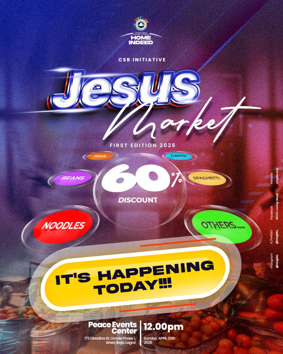 rccglsc_'s tweet photo. Jesus market is happening today.
Are you excited about it?
If you haven't registered online, you can shop physically and enjoy 60% on every food stuff purchase.
Be expectant!
#teamard #rccglsc #JesusMarket https://t.co/caLKtGH7Lv