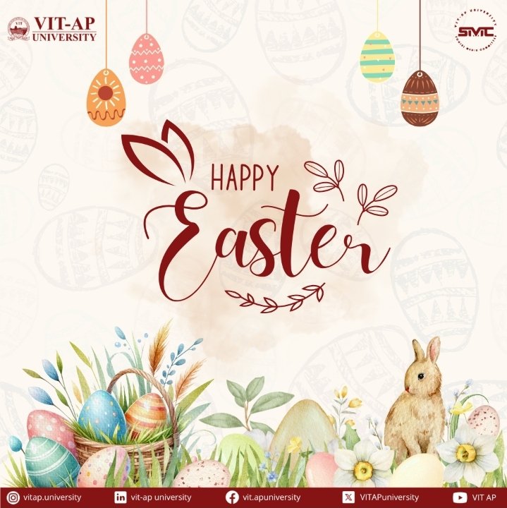 VITAPuniversity's tweet photo. Wishing everyone a joyful and peaceful Easter!
At VIT-AP University, we celebrate the spirit of renewal, hope, and togetherness that Easter brings. 

#HappyEaster #VITAP #Easter2025 #CelebrateTogether #SpringHope #VIT #Easter https://t.co/oyZptciPcf