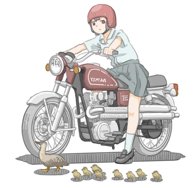 「赤信号、みんなで渡られ、怖い怖い」と思っている女子です。(ヤマハ TX650)【再掲】#バイクJK #イラスト 