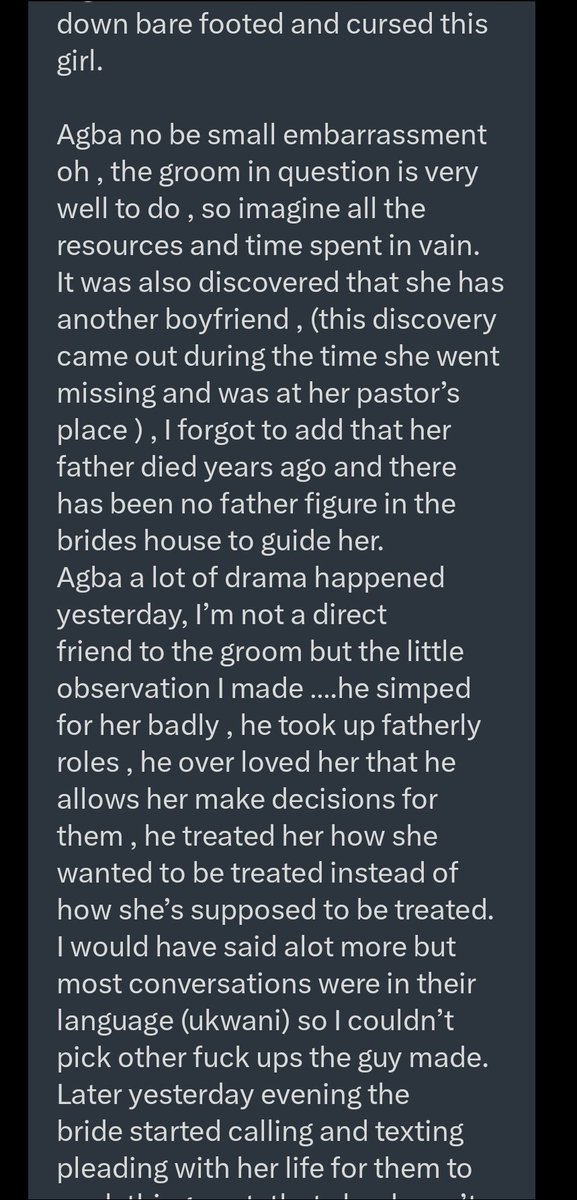 jon_d_doe's tweet photo. She is not a virgin.

She canceled the wedding because he was going to find out that she lied.

Her pastor has been sleeping with her.

He was stupid, but thank God the wedding was canceled.

He should go and collect the bride price, &amp; free that hypocritical church olosho.

End. https://t.co/mjgJosQKKd