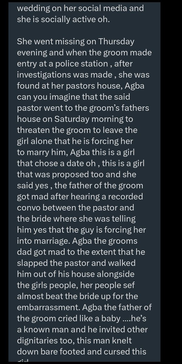 jon_d_doe's tweet photo. She is not a virgin.

She canceled the wedding because he was going to find out that she lied.

Her pastor has been sleeping with her.

He was stupid, but thank God the wedding was canceled.

He should go and collect the bride price, &amp; free that hypocritical church olosho.

End. https://t.co/mjgJosQKKd