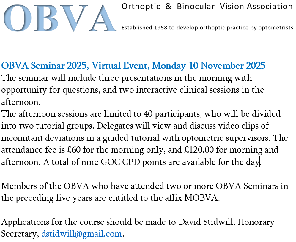 A total of 9 GOC CPD points now available for the Orthoptic &amp; Binocular Vision Association meeting on 10 November 2025.