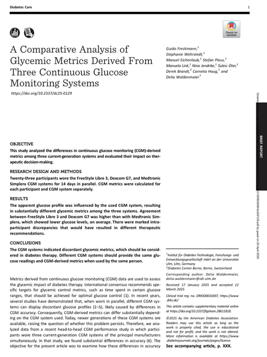 Os presentamos un estudio analiza las diferencias en las métricas de tres dispositivos de MCG: 
1⃣FSL3
2⃣DexcomG7
3⃣Medtronic Simplera

Hilo👇👇