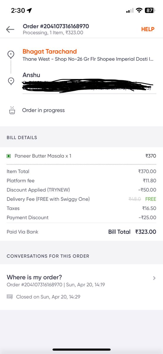 VinayJindal96's tweet photo. @SwiggyCares @jagograhakjago Misleading information by Swiggy, order placed on 1:59PM with estimated delivery by 30mins and it is well above 30mins still it is showing on time.
Order delayed and misleading Info provided. Order##204107316168970 https://t.co/ax82nojIJV