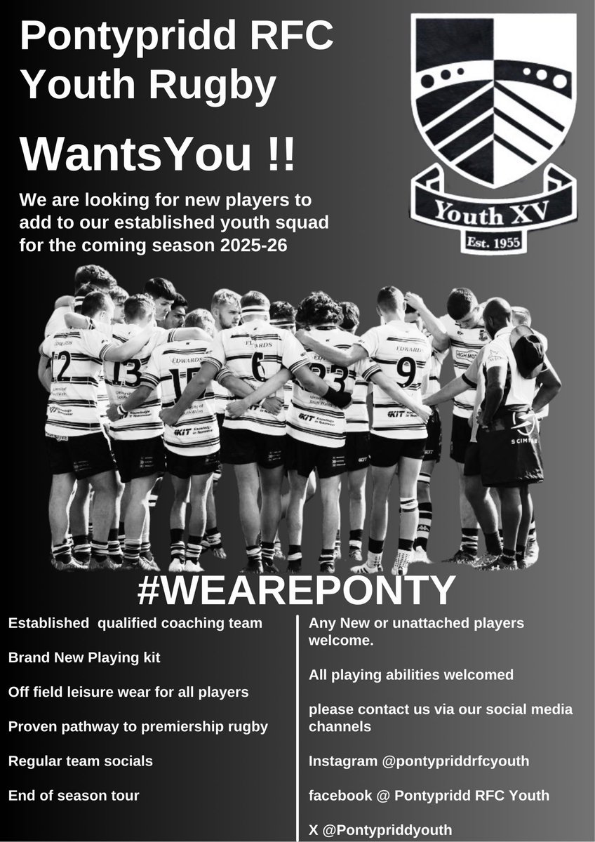 PontypriddYouth's tweet photo. The work has begun in growing our youth side for next season. We are looking to add to our established youth side for the coming 2025/26 season. If you’re interested in joining us then please get in touch with us as soon as possible. All abilities welcome #WeArePonty https://t.co/KUtxd98XxO