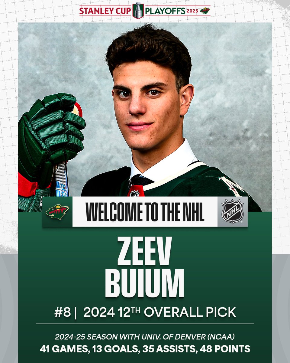 NHL's tweet photo. A GAME 1 DEBUT 🙌

Tonight, 2024 12th overall pick Zeev Buium will become the first player in Wild history to make their NHL debut in the #StanleyCup Playoffs!

📺: @mnwild vs. @GoldenKnights Game 1 TONIGHT at 10p ET on @espn, @Sportsnet, and @TVASports https://t.co/uwAUNZcXjy