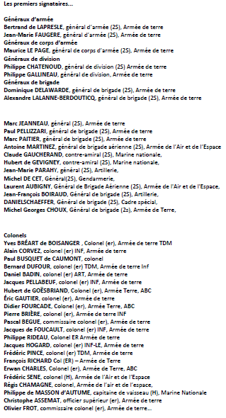 sergiodde's tweet photo. Résolution citoyenne relative à l’engagement militaire et financier de la France en Ukraine
signifiée par huissier aux présidents des deux assemblées le 17 avril 2025.

Lisez et partagez cette résolution importante contre Macron et sa volonté de guerre. Elle doit engager un processus, à minima, de destitution de Macron et une prise de conscience du Peuple de France des trahisons de ses dirigeants.

Cette résolution citoyenne émanant de plusieurs dizaines de personnalités militaires et civiles a été adressée par voie d'huissier aux présidents des deux assemblées le 17 avril 2025.

Elle  demande une pleine application de la Constitution et du Contrôle  parlementaire pour toutes les décisions prises par l'exécutif au sujet  de l'Ukraine.

Pour  que chacun puisse en prendre connaissance, le texte de cette  résolution  vous est adressé en Pi��ce Jointe sous deux formats . Il peut, évidemment, être rendu public par tous moyens, d'autant que les médias mainstream ne vont pas se bousculer pour évoquer son existence et son contenu.

Une liste des premiers signataires est donnée. Elle aurait été beaucoup plus longue si le texte élaboré sur un laps de  temps très court avait pu circuler, tant dans les populations  militaires que civiles.

Merci au Général Dominique Delawarde d'avoir signé cette résolution et de l'avoir diffusée. 

Résolution :

L’article L 4111-1 du Code de la Défense dispose que : « L’armée de la République est au service de la Nation. Sa mission est de préparer et d’assurer par la force des armes la défense de la patrie et des intérêts supérieurs de la Nation ».

Depuis le début de l’année 2022, des informations persistantes, bien que non confirmées officiellement, évoquent une présence de troupes françaises en Ukraine. Si ces faits étaient avérés, ils soulèveraient une grave question de conformité avec l’article 35 de la Constitution, qui impose au Gouvernement d’informer le Parlement dans les trois jours suivant une intervention militaire à l’étranger et de soumettre toute prolongation au-delà de quatre mois à un vote.

Or, à ce jour, aucune communication claire n’a été faite devant les assemblées, laissant les citoyens dans l’ignorance et privés de leur droit à un contrôle démocratique sur l’emploi de leur armée.

Par ailleurs, les accords de sécurité franco-ukrainiens signés le 16 février 2024, prévoyant un soutien militaire et financier de 3 milliards d’euros pour 2024 et un engagement militaire pluriannuel, auraient dû être ratifiés par le Parlement en application de l’article 53 de la constitution qui impose une ratification parlementaire des traités internationaux ayant des incidences financières significatives sur les finances publiques.

A titre d’exemple, le 7 février 2024, l’accord de coop��ration en matière de défense entre la France et la Papouasie-Nouvelle-Guinée pourtant bien moins engageant pour les finances publiques que celui conclu avec l’Ukraine, a fait l’objet d’une ratification parlementaire en application de l’article 531.

Or, à ce jour, le Parlement n’est pas intervenu pour ratifier les accords de sécurité francoukrainiens,
ce qui met en cause leur légalité et leur opposabilité, tant à la Nation qu’aux citoyens français, pourtant appelés à contribuer financièrement au soutien militaire à l’Ukraine.

De surcroît, l’article 55 de la Constitution prévoyant que : « Les traités ou accords régulièrement ratifiés ou approuvés ont, dès leur publication, une autorité supérieure à celle des lois, sous réserve, pour chaque accord ou traité, de son application par l'autre partie », l’absence de ratification régulière par le Parlement pose la question de la légalité des livraisons d’armes issus des stocks de l’armée française à l’Ukraine pour qu’elle les utilise contre la Fédération de Russie contre
laquelle notre pays n’est pas en guerre.

En effet, l’article 411-3 du Code Pénal dispose : « Le fait de livrer à une puissance étrangère, à une entreprise ou une organisation étrangère ou sous contrôle étranger ou à leurs agents des matériels, constructions, équipements, installations, appareils affectés à la défense nationale est puni de trente ans de détention criminelle et de 450 000 euros d'amende ».

Enfin, les déclarations récentes du Président de la République, évoquant un éventuel déploiement de troupes françaises en mai 2025 ainsi que la mutualisation de l’usage de l’arme atomique, imposent un débat parlementaire préalable pour garantir la légitimité de tels choix au nom de la Nation. 
C’est la condition sine qua non de la légalité de l’intervention de l’Armée. Une armée agissant sans mandat clair du parlement ne serait plus au service de la Nation, mais d’un pouvoir exécutif isolé, en contradiction avec l’esprit de notre Constitution et l’article 16 de la Déclaration des droits de l’homme et du citoyen de 1789, qui consacre la séparation des pouvoirs comme garante des droits : « Toute société dans laquelle la garantie des droits n’est pas assurée, ni la séparation des pouvoirs déterminée, n’a point de Constitution ».

C’est pourquoi, nous, citoyens et anciens militaires, estimons que le parlement doit être consulté sur la poursuite de l’intervention militaire française et/ou son engagement en Ukraine conformément à l’article 35 de la Constitution et qu’il doit être aussi appelé à ratifier les accords de sécurité franco-ukrainiens du 16 février 2024, conformément à l’article 53.

Résolution proposée :
Nous, citoyens et anciens militaires, demandons aux députés et sénateurs :
1. De faire publier au Journal officiel toutes les informations sur la présence de troupes
françaises en Ukraine depuis 2022, comme l’exige l’article 35 ;

2. D’organiser un débat suivi d’un vote sur la poursuite de cette intervention, en application de
l’article 35 ;

3. De se prononcer sur la ratification des accords de sécurité franco-ukrainiens du 16 février
2024, conformément à l’article 53 ;

4. De mettre cette résolution à l’ordre du jour dans les 15 jours suivant sa remise, afin de
garantir le plein exercice du contrôle parlementaire.