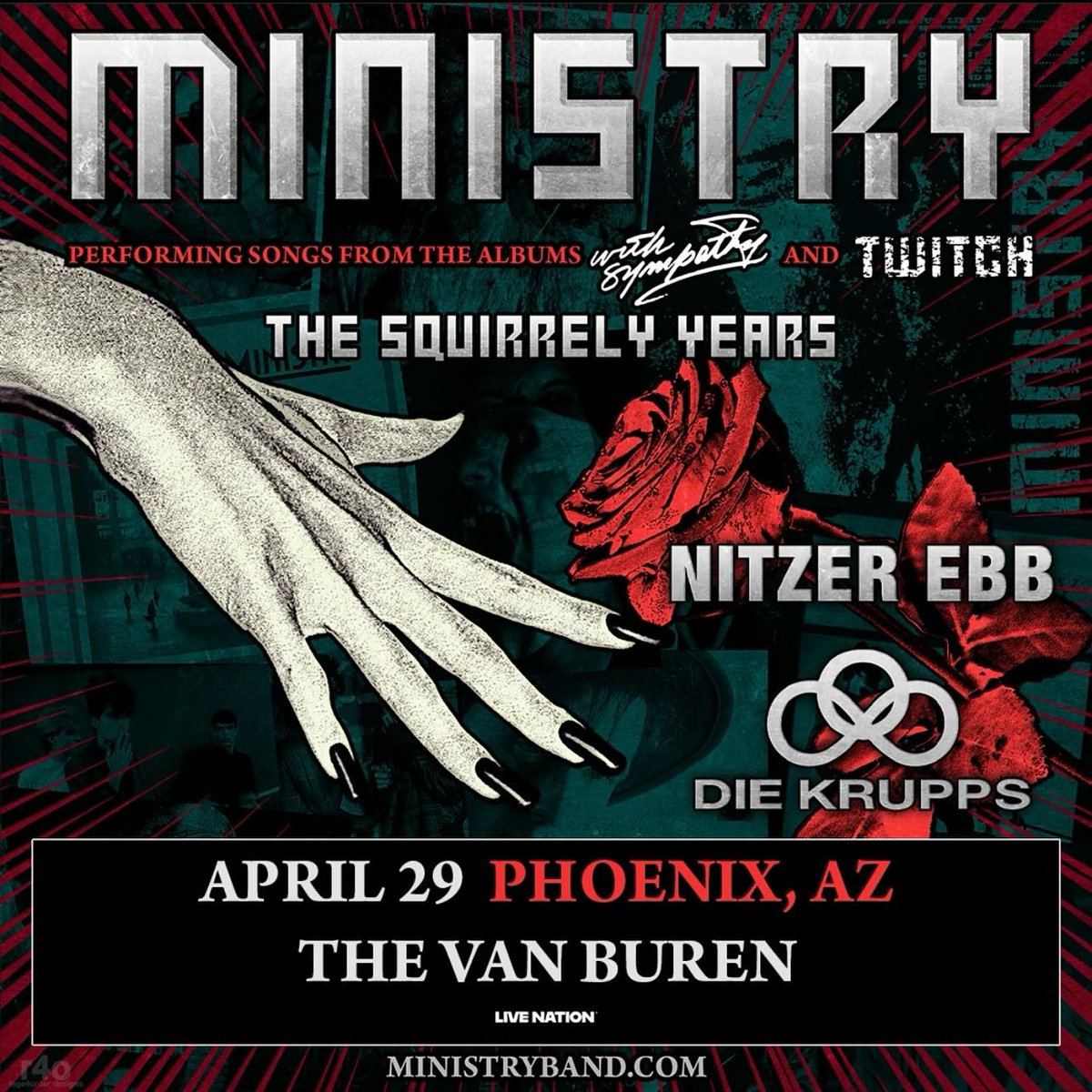 DIE KRUPPS (@diekruppsband) on Twitter photo April 29th: US Tour start with Ministry, Nitzer Ebb, My Life With The Thrill Kill Kult and DIE KRUPPS! Make sure you are there on time, we are performing every night as opening-act! Afterwards we can meet at the merch for a pic or signature!
4.29 Phoenix, AZ The Van Buren April 29th: US Tour start with Ministry, Nitzer Ebb, My Life With The Thrill Kill Kult and DIE KRUPPS! Make sure you are there on time, we are performing every night as opening-act! Afterwards we can meet at the merch for a pic or signature!
4.29 Phoenix, AZ The Van Buren