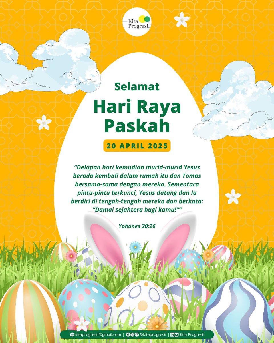 KitaProgresif's tweet image. Selamat Hari Paskah untuk #TemanProgresif yang merayakan!

📩kitaprogresif@gmail.com
📸Instagram: @kitaprogresif
▶️Youtube: Kita Progresif
👥Linkedin Page: Kita Progresif
💬X: @kitaprogresif
💃🏼TikTok: @kitaprogresif
——#BerkaryaBermanfaat
——#ProgresifProfesional