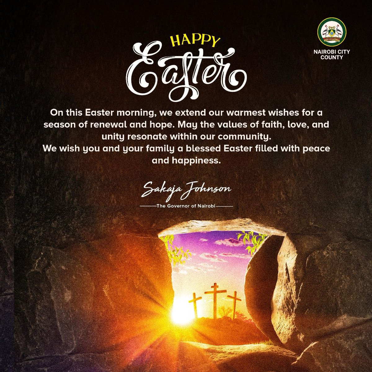 too_bethuel's tweet photo. Happy Easter Sunday from Nairobi City County H.E. @SakajaJohnson.
He is Risen

#FootballFix Matiangi Maraga Quickmart Offers https://t.co/WXt2PSMAB8