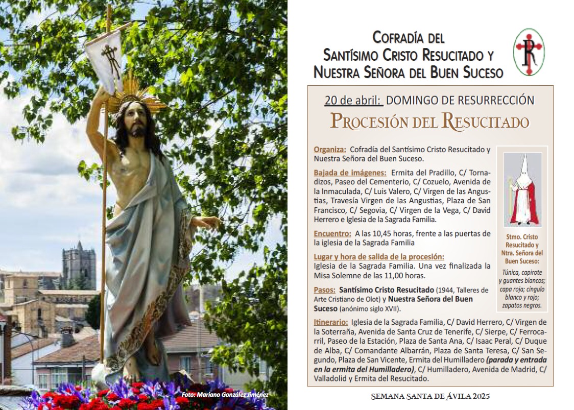 Domingo de Resurrección el Santísimo Cristo Resucitado se encontrará con Nuestra Señora del Buen Suceso antes de la misa en la Sagrada Familia, después de la eucaristía comenzará la procesión para finalizar en la Ermita del Pradillo. FELIZ PASCUA DE RESURRECCIÓN.