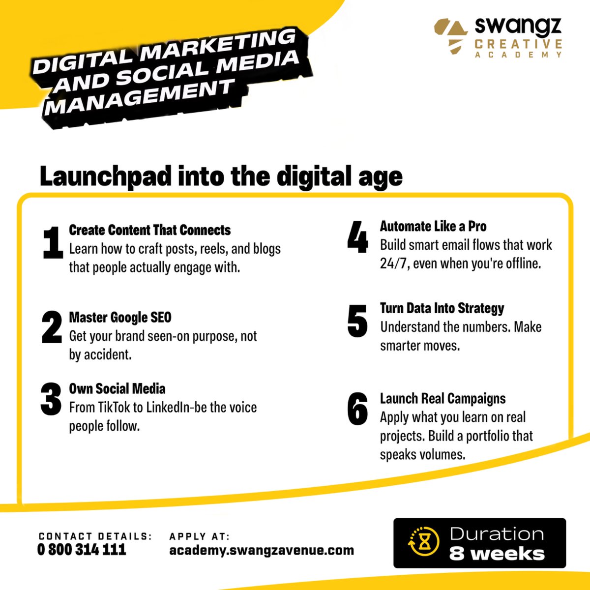 Join the Social Media Management course at Swangz Creative Academy and learn how to create content that connects, converts, and goes viral. From strategy to analytics, we’ve got you covered.

Enroll now via academy.swangzavenue.com or call 0800314111