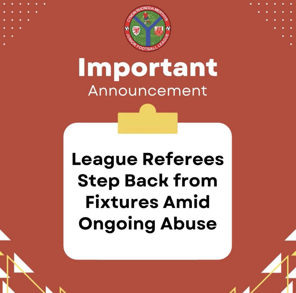AberdareSociety's tweet photo. A difficult decision to make but one that we have had to make due to the ever increasing amount of abuse and misconduct our members face.
Referees will make mistakes but never deserve abuse.
We hope that we wonβt need to take any further action in the future.
#REFspect https://t.co/DFRCLazYyw