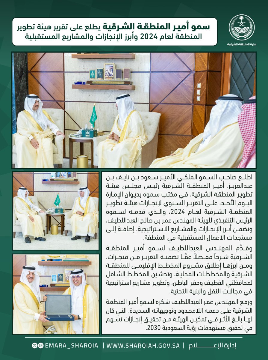 emara_sharqia's tweet photo. وقدّم المهندس العبداللطيف لسمو أمير المنطقة الشرقية شرحاً مفصلاً عمّا تضمنه التقرير من منجزات. https://t.co/WQy7rROcv7