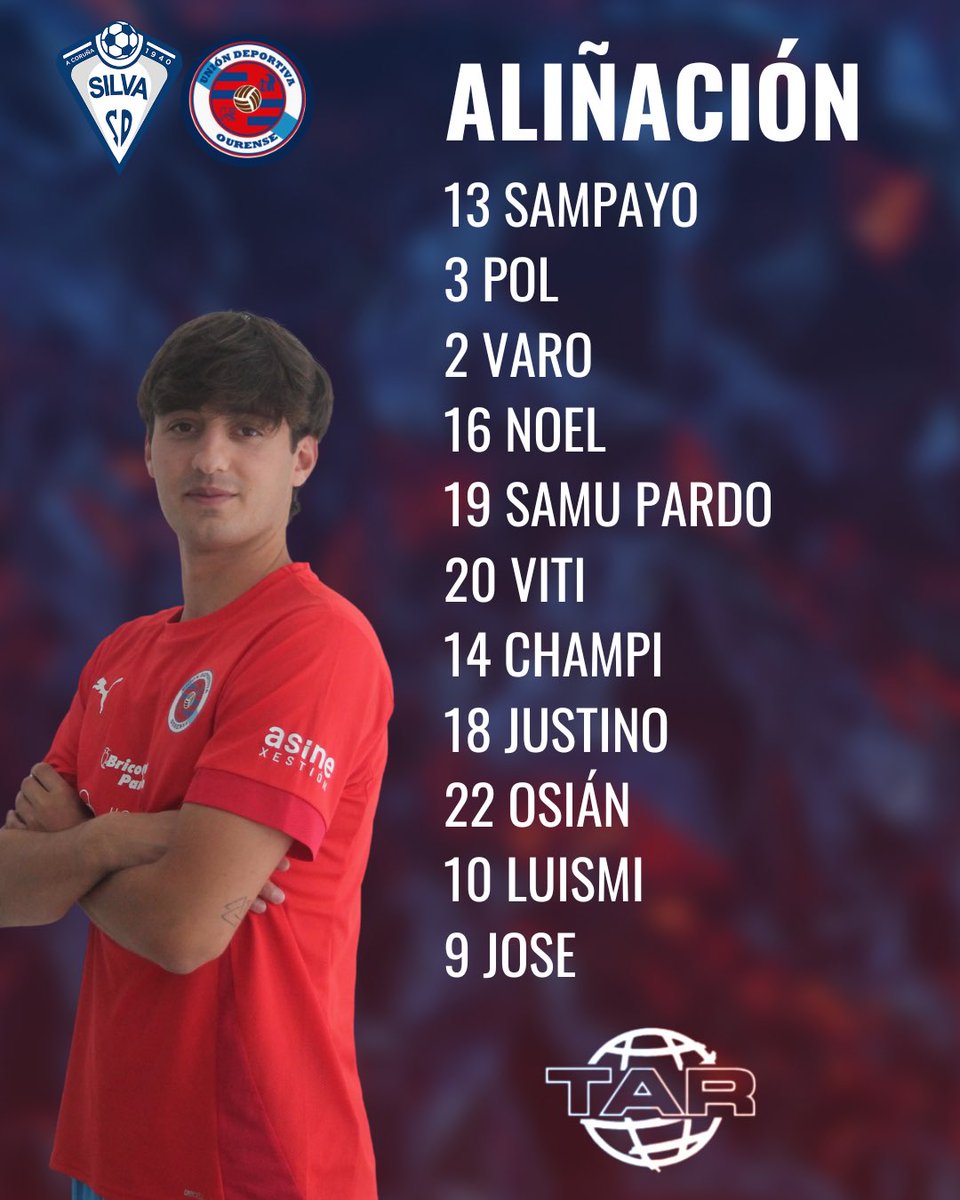 UDOurense2014's tweet photo. ALIÑACIÓN 🆚 @clubsilvasd 

O once dos nosos na Grela!🔥

No banco: Cobo, Puime, Migui, Cabarcos, Parrilla, Cellerino, Iker. 

Patrocina @GrupoTAR_SL https://t.co/DwdcCWBJy8