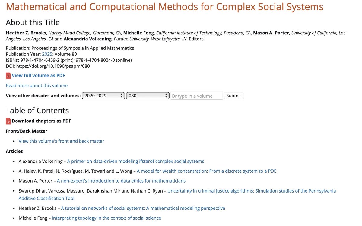 Our book is out!

"Mathematical and Computational Methods for Complex Social Systems"

Editors: Heather Z. Brooks, Michelle Feng, Mason A. Porter, and Alexandria Volkening

AMS site for the book: ams.org/books/psapm/08…