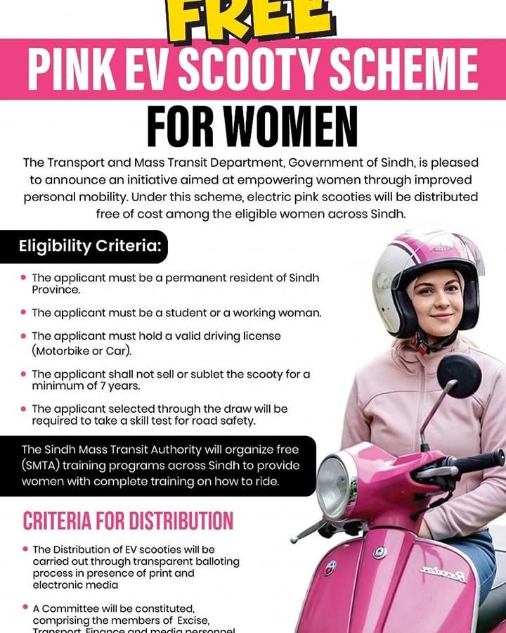 dr_atta77's tweet image. Sindh government is set to launch Pakistan’s first free Pink EV Scooters Scheme, aiming to empower women through improved personal mobility. Under this scheme, electric pink scooters will be distributed free of cost to eligible women across Sindh.
#ProgressiveSindh #VisionSindh