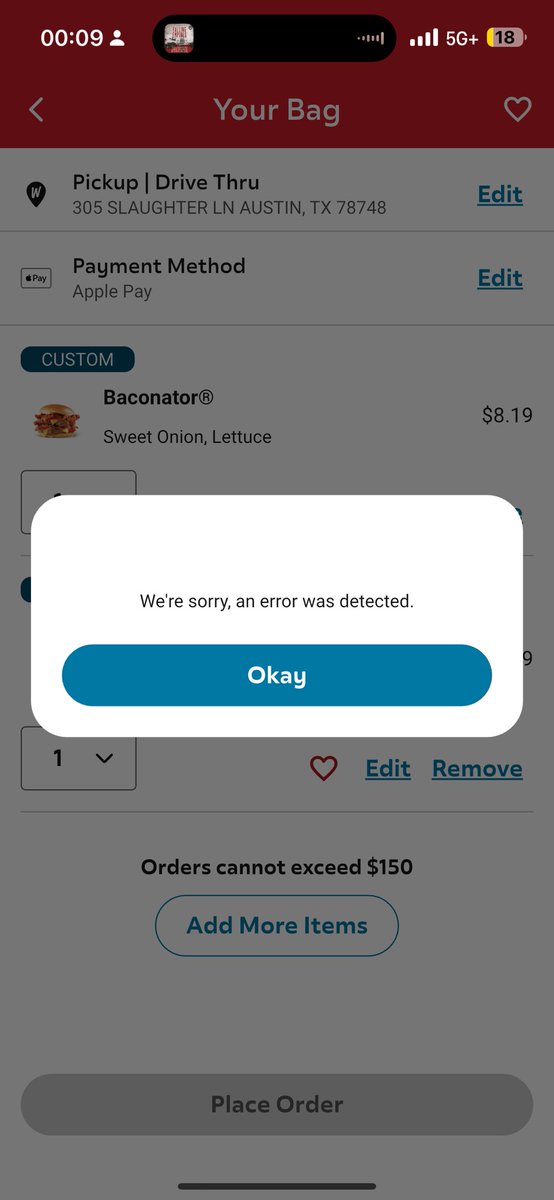suryacech's tweet photo. @Wendys yo Wendy’s? What gives? Why is the Wendy’s app throwing random errors ? https://t.co/SqTuktkrMN